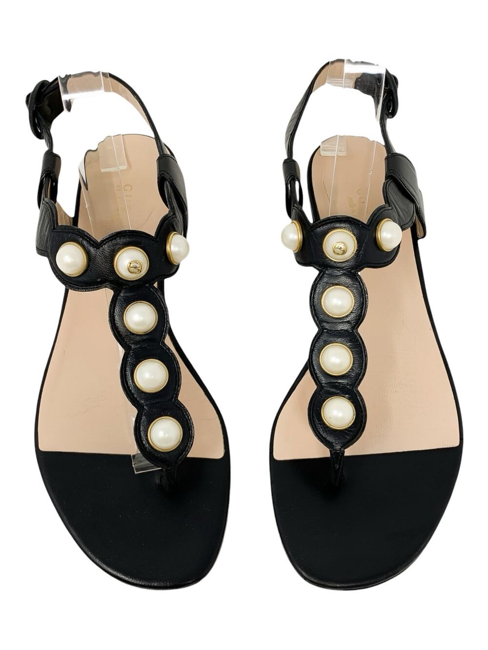 Gucci Willow Black Leather Faux Pearl GG Logo T-Strap Sandals 38